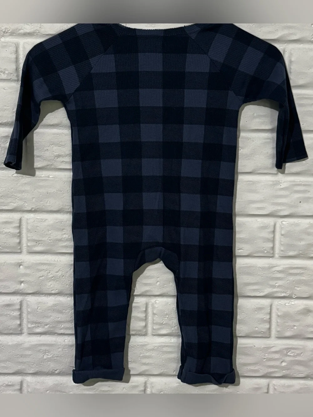 Mud Pie Waffle Knit Romper Boys Infant 12-18M Blue Plaid One Piece